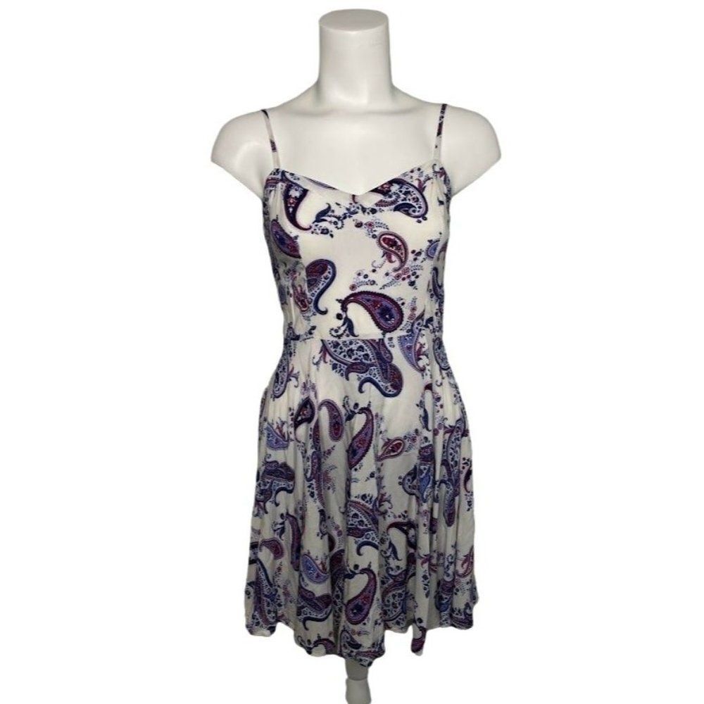 Cotton‎ On White Blue Paisley Smocked Fit & Flare Dress Sz XS - Picture 3 of 9